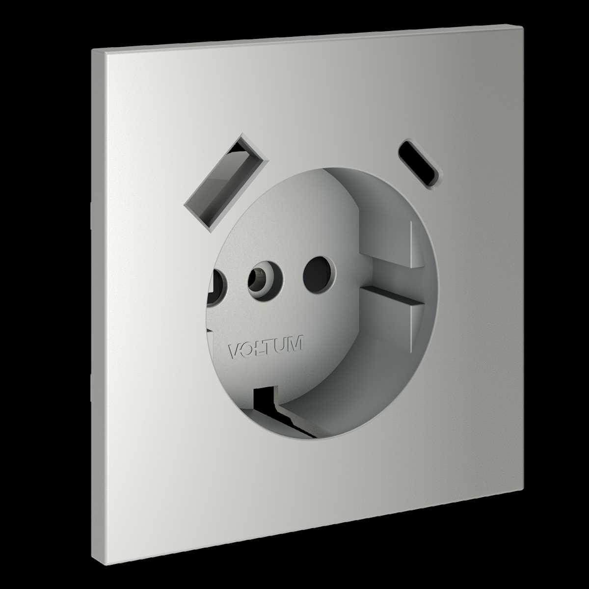 Накладка для розетки с заземлением и защитными шторками с USB A+C S70 (сталь) Voltum VLS001005