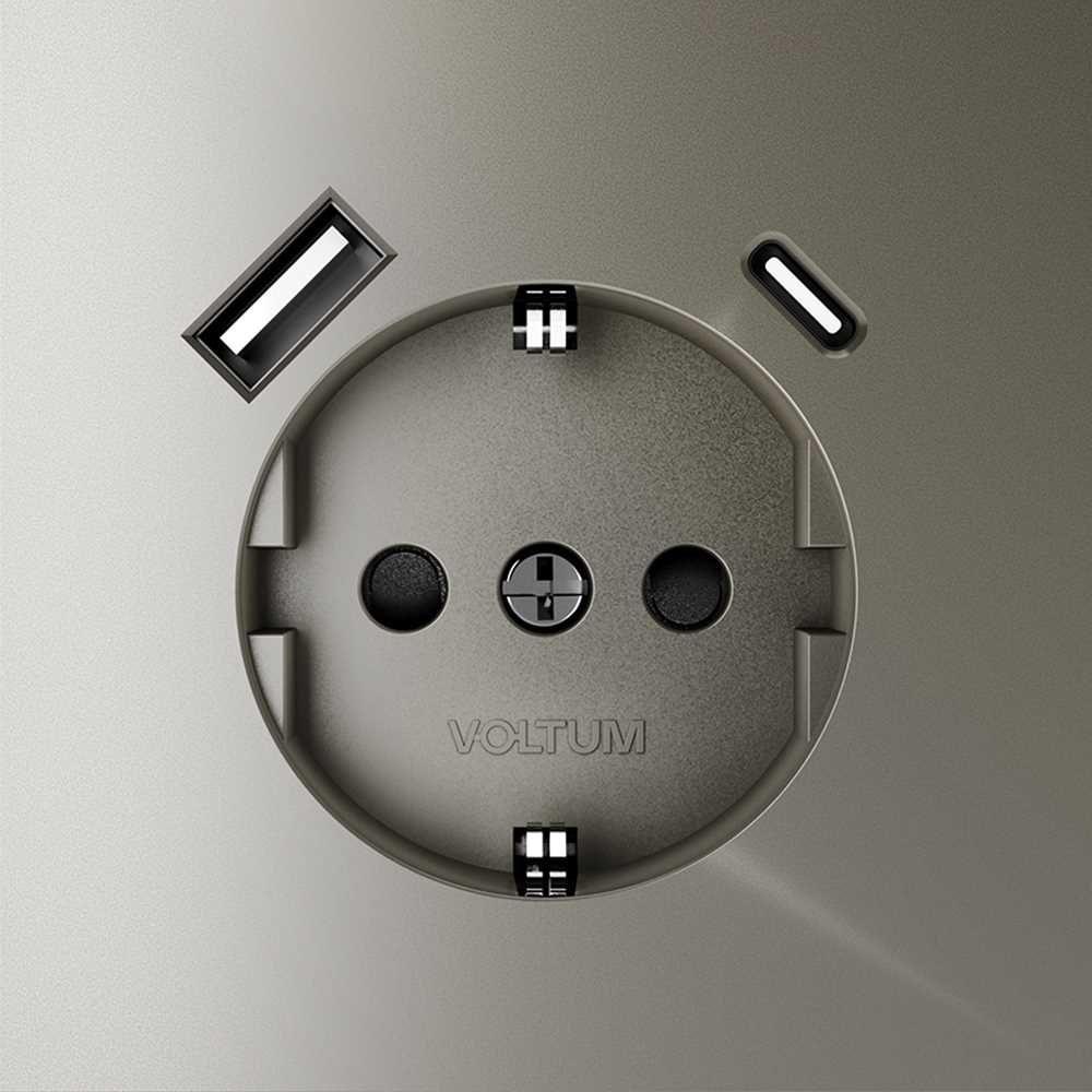 Розетка встраиваемая Voltum S70 с заземлением и защитными шторками, 16А, с USB, A+С, (шелк) VLS040504