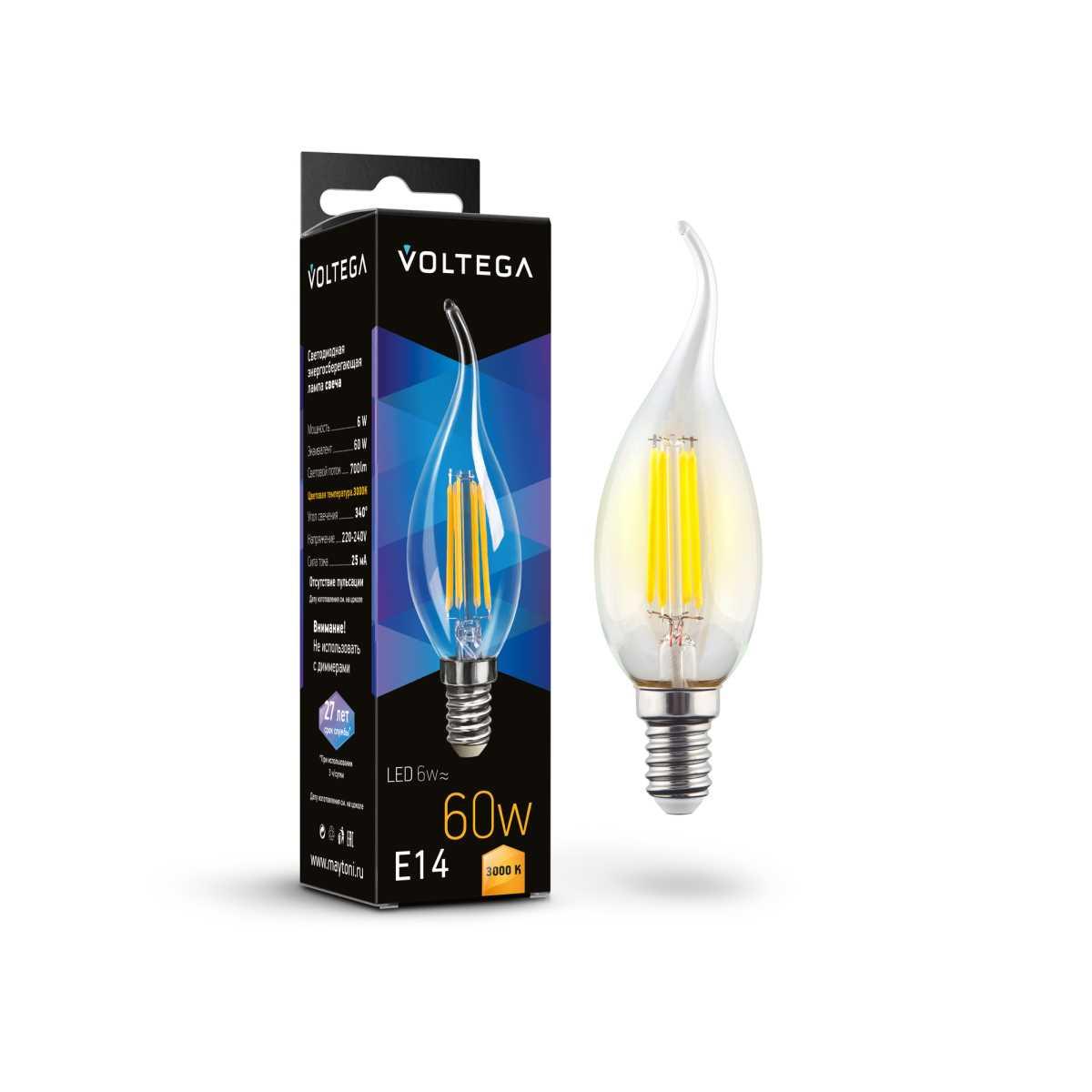 Лампа светодиодная Voltega E14 6W 3000K прозрачная 7209