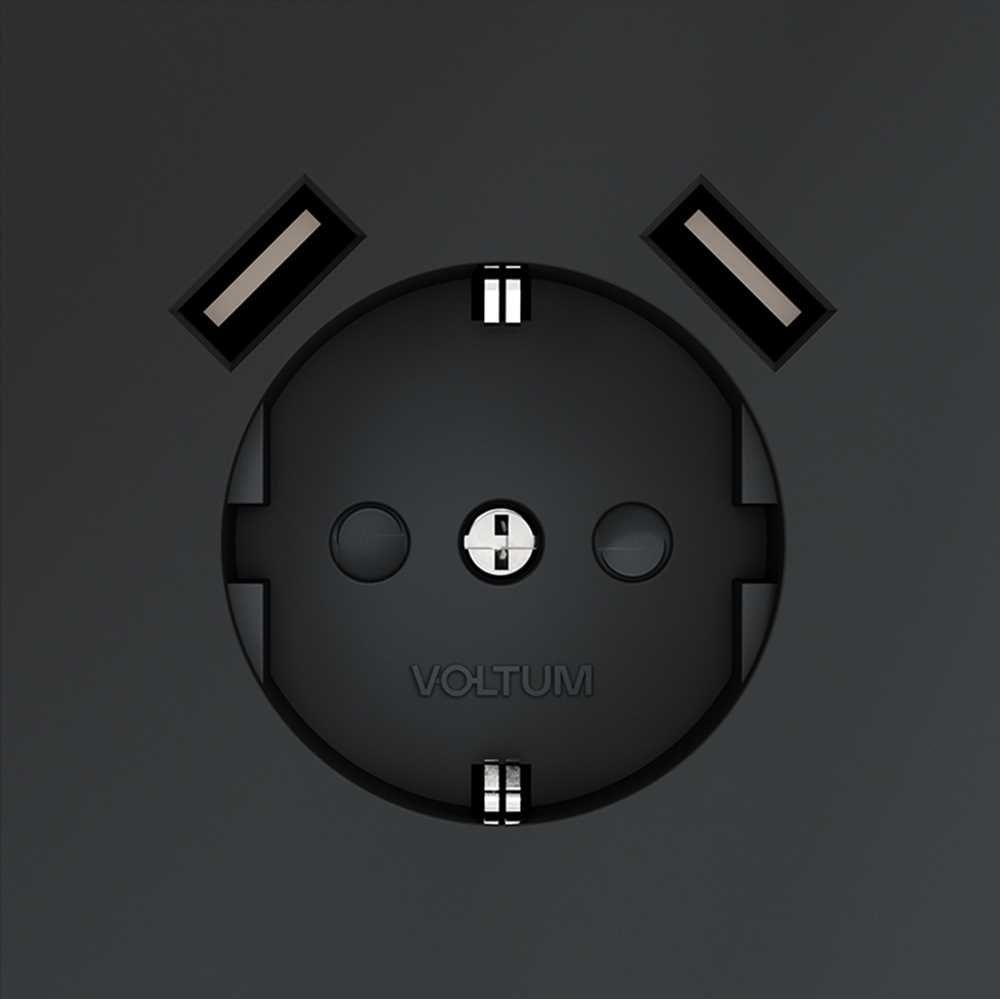 Розетка встраиваемая Voltum S70 с заземлением и защитными шторками, 16А, с USB, A+A, (графит) VLS040407