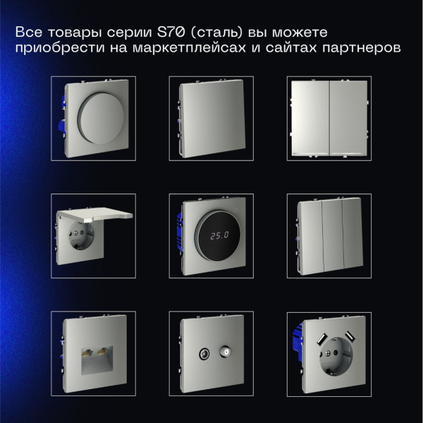 Проходной переключатель встраиваемый Voltum S70 двухклавишный 10А, (сталь) VLS020305