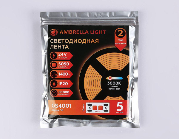 Светодиодная лента Ambrella Light 14,4W/m 60LED/m 5050SMD теплый белый 5M GS4001