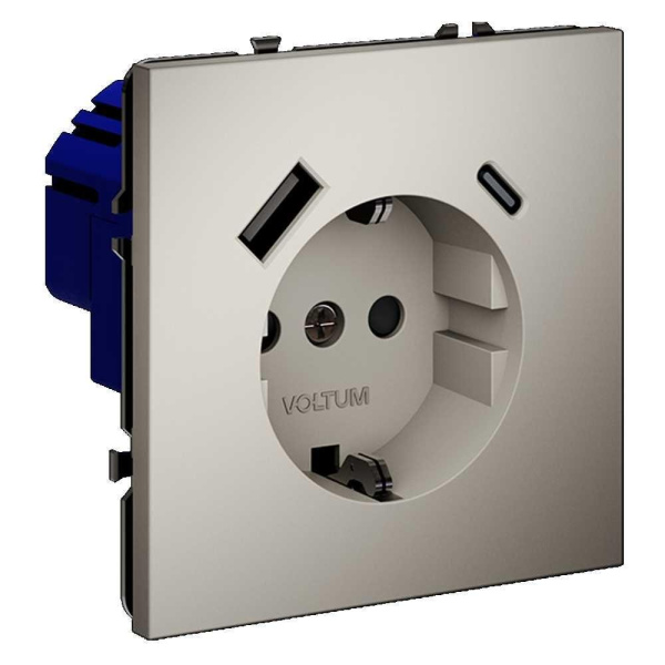 Розетка встраиваемая Voltum S70 с заземлением и защитными шторками, 16А, с USB, A+С, (кашемир) VLS040503