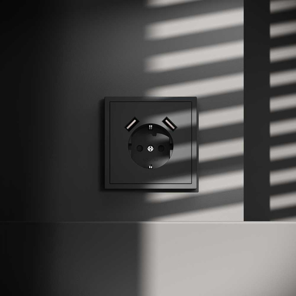 Розетка встраиваемая Voltum S70 с заземлением и защитными шторками, 16А, с USB, A+A, (графит) VLS040407
