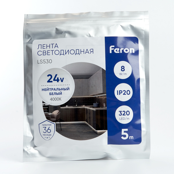 Светодиодная лента Feron 320SMD (2110) 10Вт/м 24V IP20 4000К LS530 48264