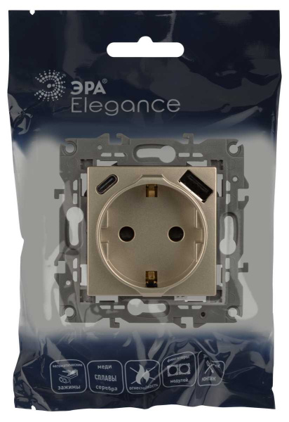 Розетка ЭРА Elegance 14-4108-04 2P+E 16A-250В со шторками с USB type-A+C 5В-3А шампань Б0067740
