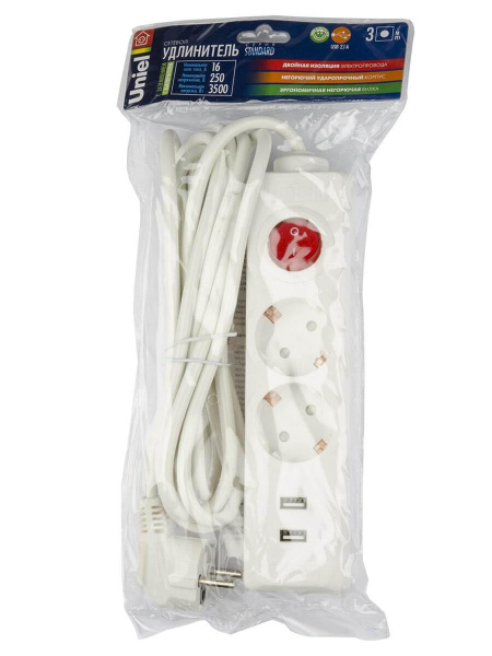 Удлинитель Uniel 2гн х 3м c/з Standard S-GCD2-3BU White UL-00006677