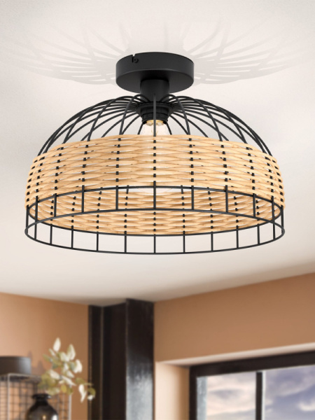 43398 Потол. светильник ANWICK, 1x60W(E27), Ø380, H265, сталь, черный/ротанг, натуральный