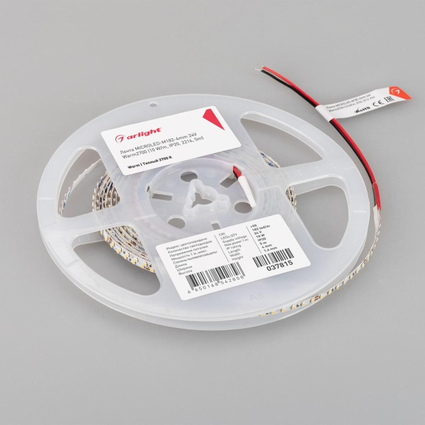 Светодиодная лента Arlight 10W/m 182LED/m 2216SMD теплый белый 5M MICROLED-M182-4mm 24V Warm2700 037815