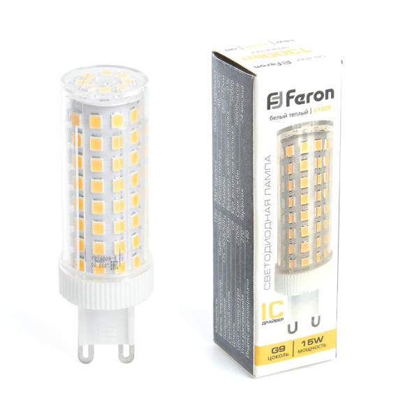 Лампа светодиодная Feron G9 15W 2700K прозрачная LB-437 38212