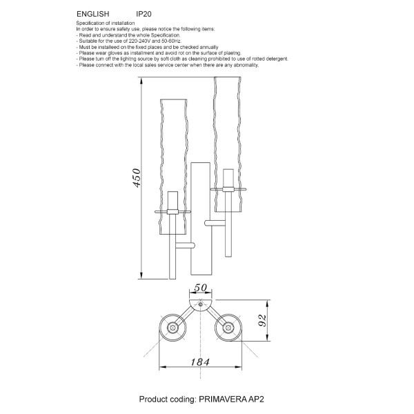 Бра Crystal Lux Primavera AP2 Gold