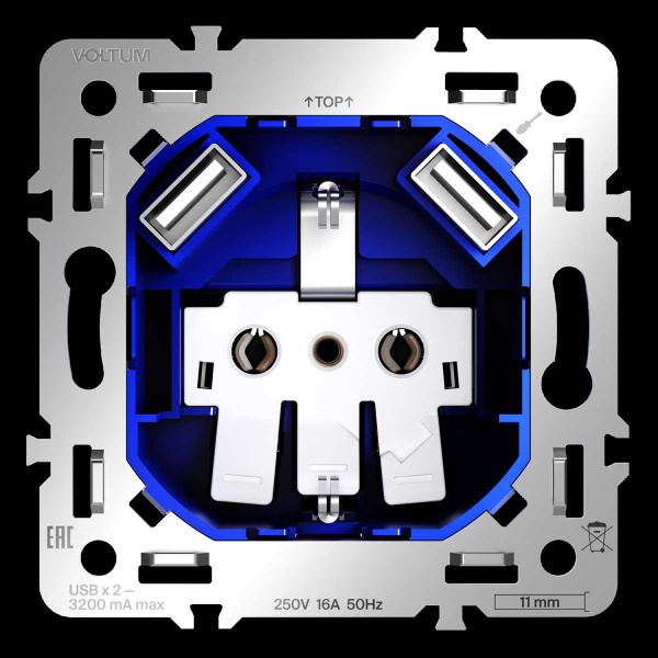 Механизм розетки с заземлением и защитными шторками 16А с USB A+A S70 Voltum VLS0404M