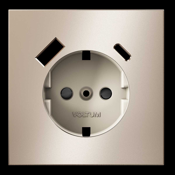 Накладка для розетки с заземлением и защитными шторками, с USB A+C, S70 Metal (платина) Voltum VLSM001010