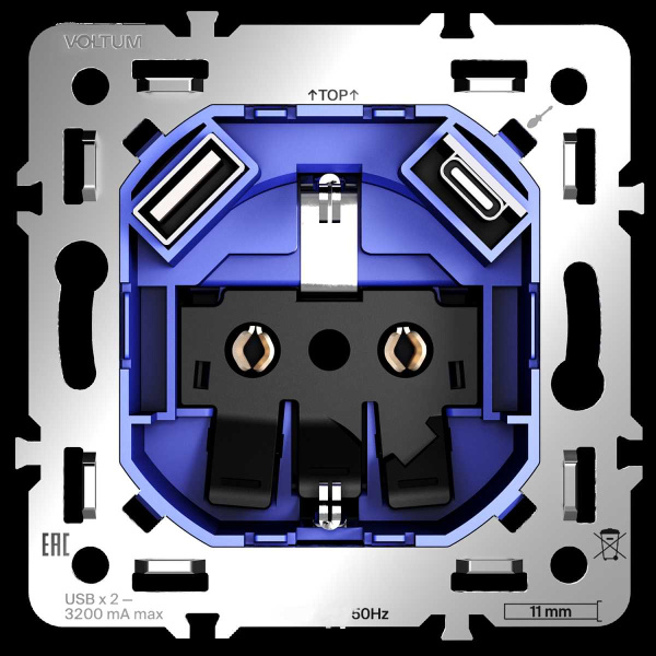 Механизм розетки с заземлением и защитными шторками 16А с USB A+C S70 Voltum VLS0405M