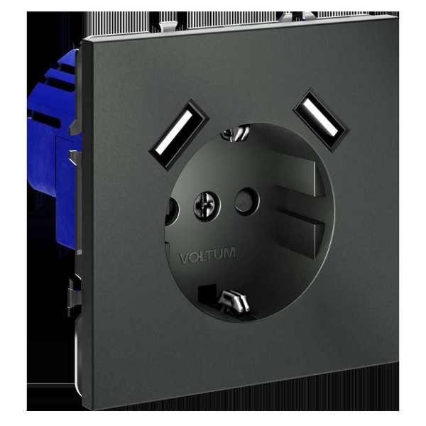 Розетка встраиваемая Voltum S70 с заземлением и защитными шторками, 16А, с USB, A+A, (титан) VLS040406