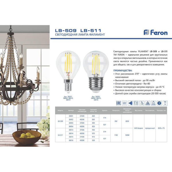Лампа светодиодная филаментная Feron E14 9W 2700K Свеча на ветру Прозрачная LB-74 25960