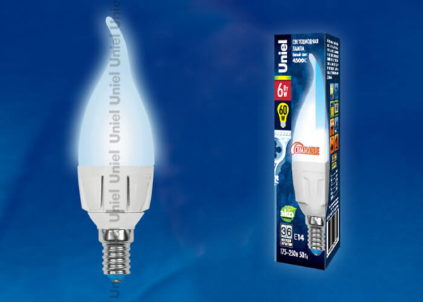 Лампа светодиодная диммируемая Uniel E14 6W 4500K матовая LED-CW37-6W/NW/E14/FR/DIM PLP01WH UL-00000727