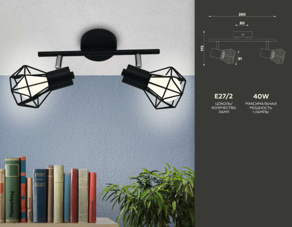 TR8621 Настенно-потолочный спот в стиле лофт TR8621/2 BK/CH черный/хром E27*2 max 40W 260*91*175