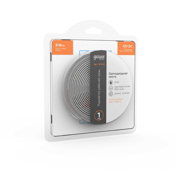 Светодиодная лента Gauss 8W/m 60LED/m 5050SMD теплый белый 3M BT022
