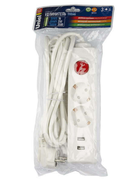 Удлинитель Uniel 2гн х 3м c/з Standard S-GCD2-3BU White UL-00006677
