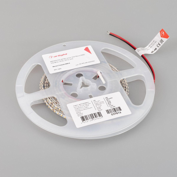 Светодиодная лента Arlight 10W/m 182LED/m 2216SMD теплый белый 5M MicroLed-M182-4mm 24V Warm3000 037816