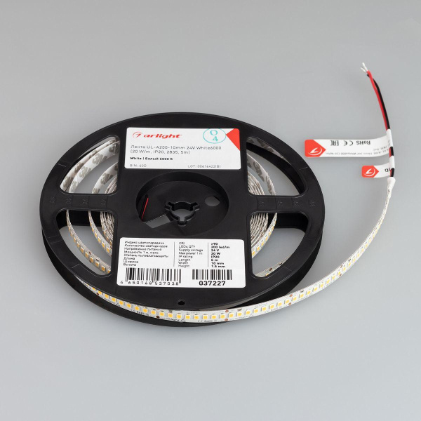 Светодиодная лента Arlight 20W/m 200LED/m 2835SMD холодный белый 5M UL-A200-10mm 24V White6000 037227