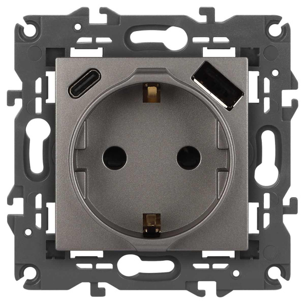 Розетка ЭРА Elegance 14-4108-16 2P+E 16A-250В со шторками с USB type-A+C 5В-3А титан Б0067695