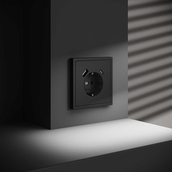 Розетка встраиваемая Voltum S70 с заземлением и защитными шторками, 16А, с USB, A+С, (черный матовый VLS040508