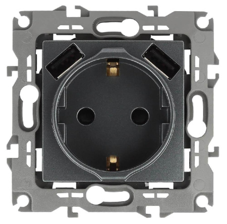 Розетка ЭРА Intro Solo Schuko P+E 16A 250V со шторками 2хUSB графит 12-4109-12 Б0047846