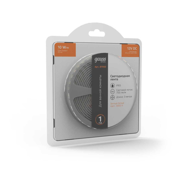 Светодиодная лента Gauss 10W/m 60LED/m 5050SMD теплый белый 3M BT050