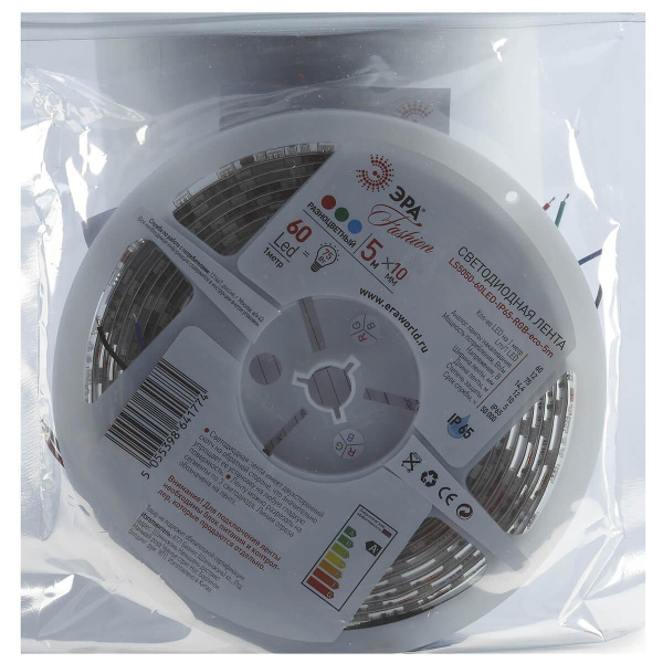 Светодиодная влагозащищенная лента ЭРА 14,4W/m 60LED/m 5050SMD RGB 5M LS5050-14,4-60-12-RGB-IP65-1 Б0002347