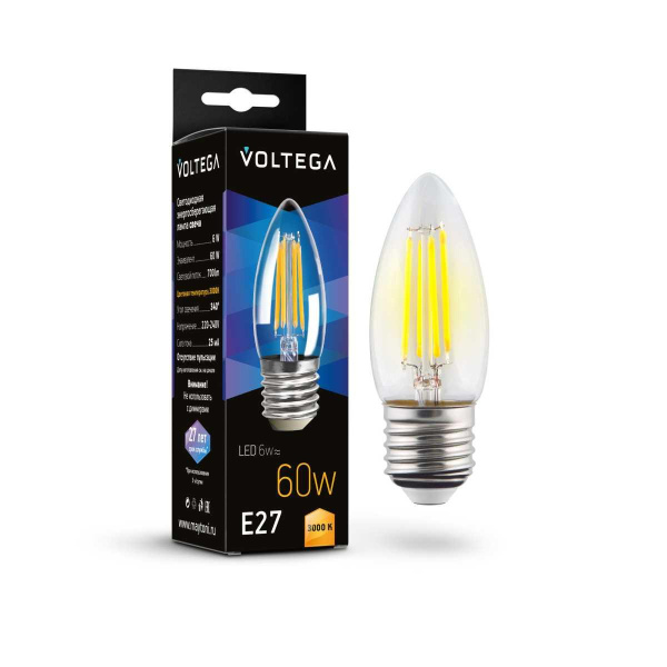 Лампа светодиодная Voltega E27 6W 3000K прозрачная 7208