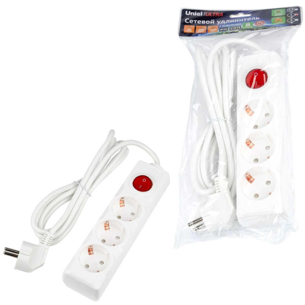 Удлинитель Uniel Ultra 3гн х 2м с/з S-GCU3-2B White UL-00010015