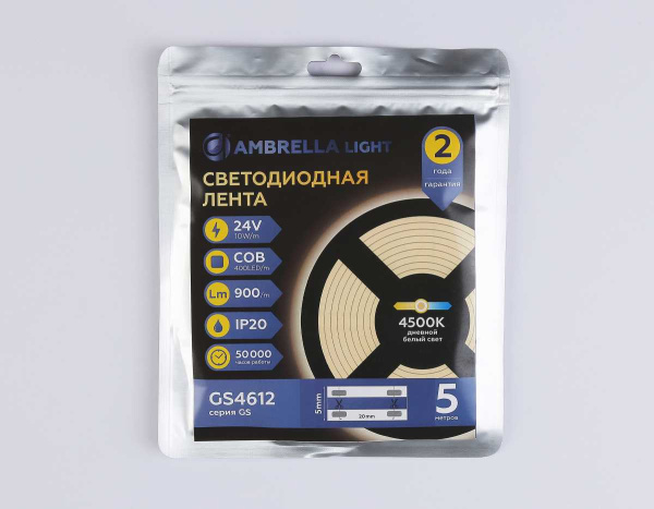 Светодиодная лента Ambrella Light GS4612 COB 400Led/10W m/ 24V IP20 4500K/ 5m*5mm*2.1mm (2 конт.) GS4612