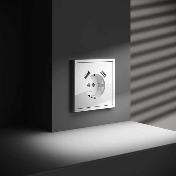 Розетка встраиваемая Voltum S70 с заземлением и защитными шторками, 16А, с USB, A+A, (белый глянцевы VLS040401