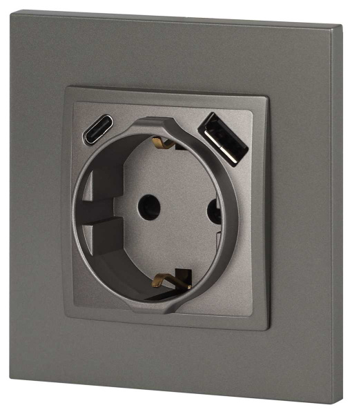 Розетка ЭРА Elegance 14-4108-16 2P+E 16A-250В со шторками с USB type-A+C 5В-3А титан Б0067695