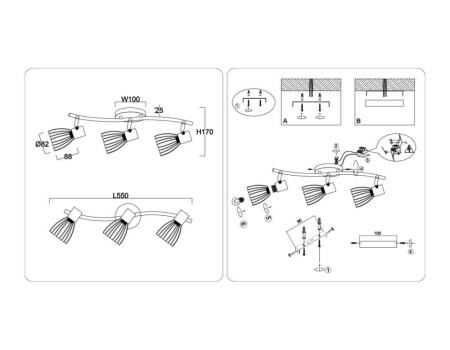 TR8661 Светильник накладной TR8661/3 BK/GD черный/золото E14/3 max 60W 550*100*170