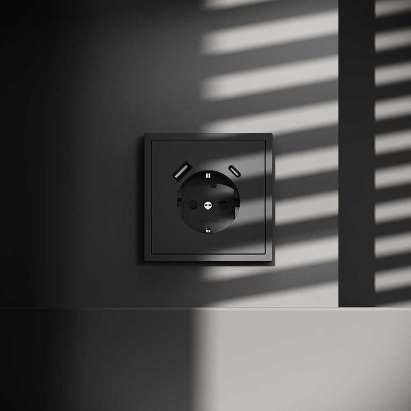 Розетка встраиваемая Voltum S70 с заземлением и защитными шторками, 16А, с USB, A+С, (графит) VLS040507